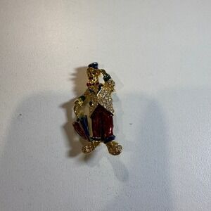 Vintage Clown Brooch Gold Tone Enamel Rhinestone Umbrella Circuscore Costume